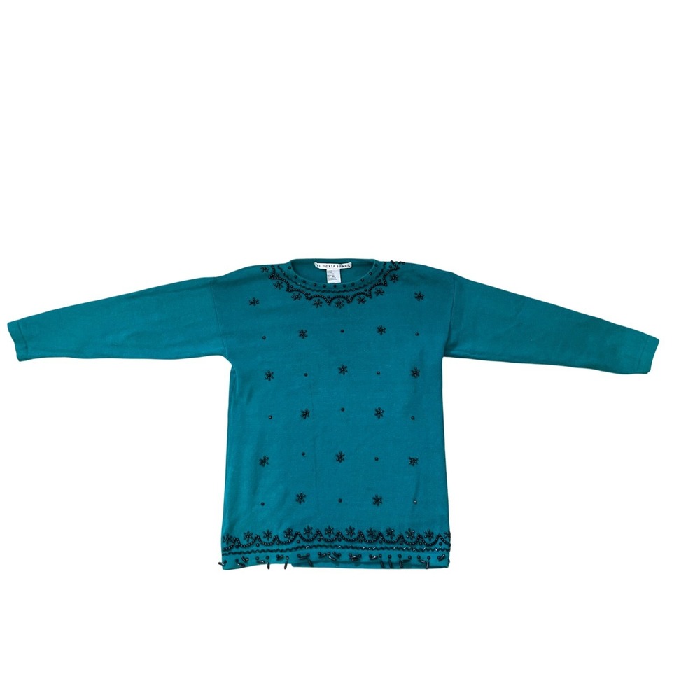 Victoria Jones Beaded Sweater Green Ramie‎ Holiday Party Medium Shiny Christmas